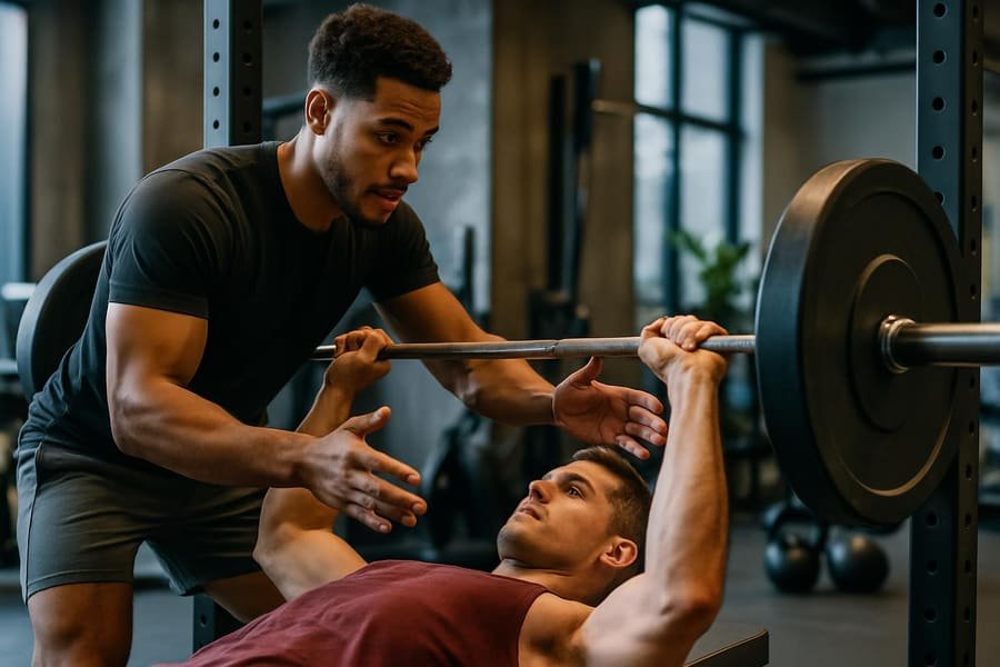 An Ember Fitness coach spotting a client's lift during a one-to-one session in the Shoreditch studio (concept demo)
